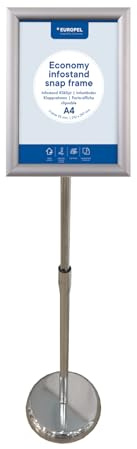 Europel Infoständer Economy, Klapprahmen A4 Silber, Profil 25mm, Hoch- oder Querformat, höhenverstellbar, Präsentationsständer für Plakate, Schilder, Werbung, Menüs, Geschäfte, Hotels, Restaurants.