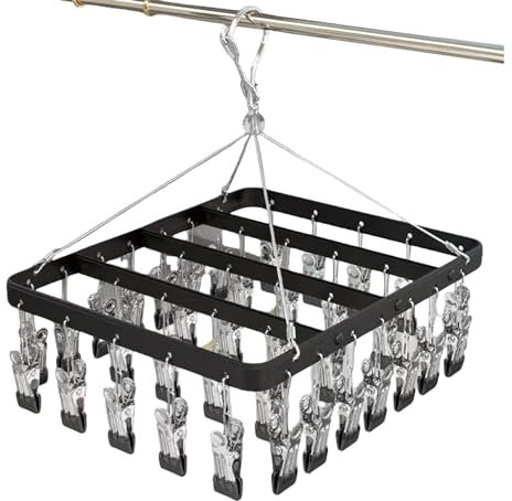trrcylp Stendibiancheria in metallo con 36 clip, gancio antivento, clip pieghevole per bucato, per calze, reggiseni, biancheria intima (nero)