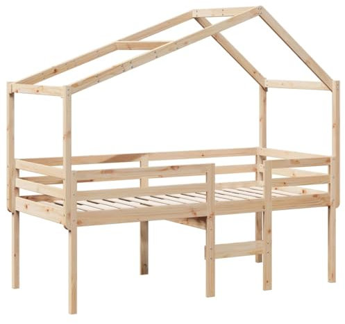vidaXL Hochbett, Kinderbett mit Dach Leiter Sperrholzlatten, Spielbett für Kinderzimmer, Bett Holzbett Einzelbett, 90x190cm Massivholz Kiefer