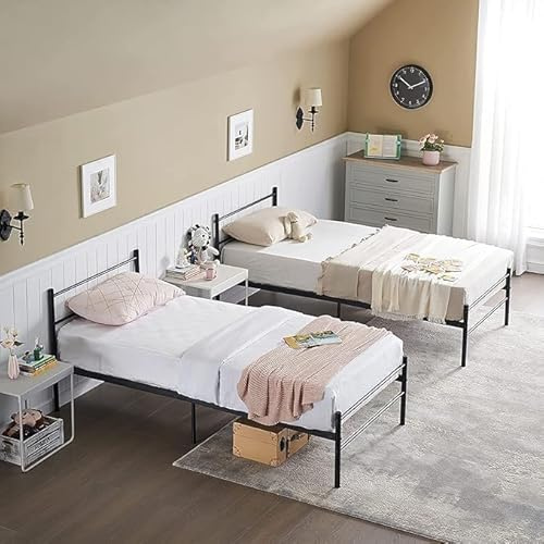 FetiNes Enkelsäng set med 2 sängram 90 x 190 cm i metall enkel montering för små utrymmen vuxna barn svart