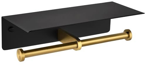 APLusee Double Toilet Paper Holder with Phone Shelf Black & Gold, 304 Stainless Steel Tissue Paper Roll Storage Dispenser, Wall Mounted