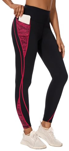Flatik Sport leggings dam med fickor, dam ogenomskinliga leggings dam, joggingbyxor dam träningsbyxor löpande leggings, Svart/svart röd, L