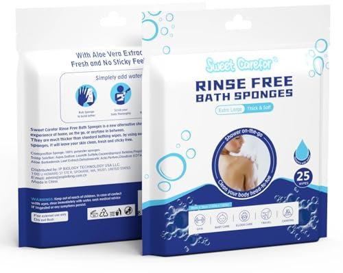 Sweet Carefor Rinse Free Bath Sponge Wipes Body Wash Wipes for Bathing -Bed bath,Camping, Festivals,Hospitals, Gym and Travel (Pack of 1 (25 PCS))