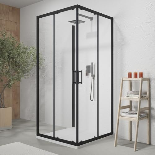 Box doccia cromato 3 lati 70x90x70 cm con doppio scorrevole h190 cm e Vetro Temperato Trasparente 6 MM Profili Nero Opaco Modello Tremiti