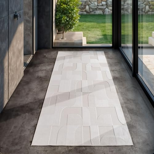 SIMPEX Indoor Outdoor Teppich wetterfest 80x250 cm, 3D Optik, Skandinavisches Design, waschbar, wetterbeständiges, Natur Creme Farbe, Teppich Wohnzimmer, Küchenteppich, Läufer
