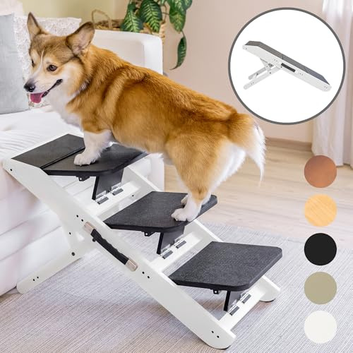 Hundtrappa för säng & soffa 2-i-1 hundtrappa/ramp – höjdjusterbar hundramp för soffa 18–50 cm – hundtrappa för små hundar – lätt att flytta husdjurstrappa med hälplattform, vit