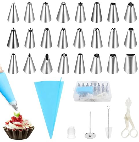 Spritztüllen Set, 24pcs Edelstahl Tüllen, Spritzbeutel mit Tüllen, Wiederverwendbar Profi Spritzbeutel für Kuchen Torten Kekse Dekoration Groß Spritzbeutel für Backen und Konditorei