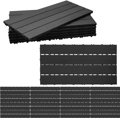 Randaco WPC Lot de 36 dalles de terrasse 30 x 60 cm, pour 6 m², en plastique, aspect bois, carrelage de balcon, avec drainage, pour jardin, terrasse, faciles à poser, anthracite