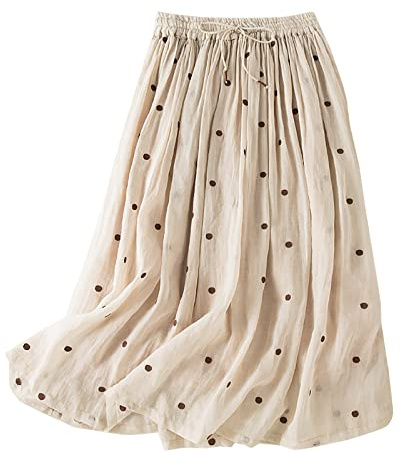 duxyoz Damen Sommer Leinenrock Kordelzug elastische Taille fließende Swing Midi Röcke Vintage Polka Dots Vintage plissierte Kleider hohe Taille Business Casual A Linie knielang eleganter Rock, 01
