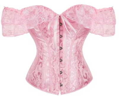 Cazqgoy Korsett för damer, bustier, sexig spetskorsett, topp, vintage, snörkorsett, formande korsett-topp med ärmar som faller över axlarna, linne med spets, ROSA, S