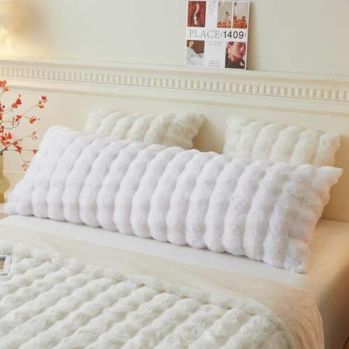 LIFEREVO Fluffy Faux Rabbit Fur Long Bolster Pillowcase 50x137 cm, White | Luxury Soft Bubble Body Pillow Cover with Zipper, Washable Plush Fuzzy Long Bed Pillow Case for Pregnancy Side Sleeper, 4.6ft