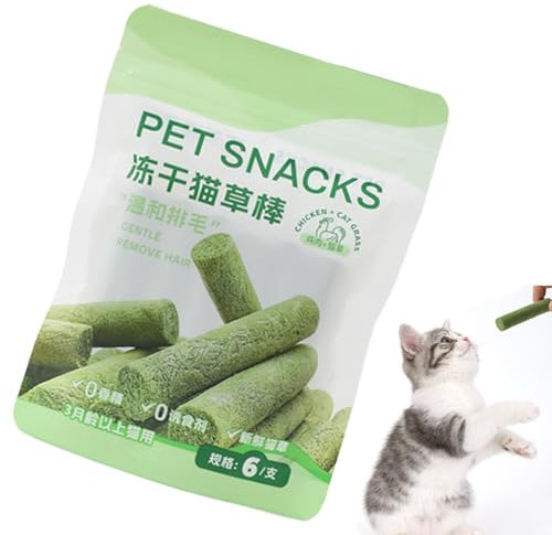 Katzengras -Zahne Stick, gefriergetrocknetes Katzengras - Haarballentfernung behandelt | Natürliche gefrier getrocknete Hühnerkatze Grasstangen für Zahnen Mundpflege und Zähneputzen Appetit Förderung
