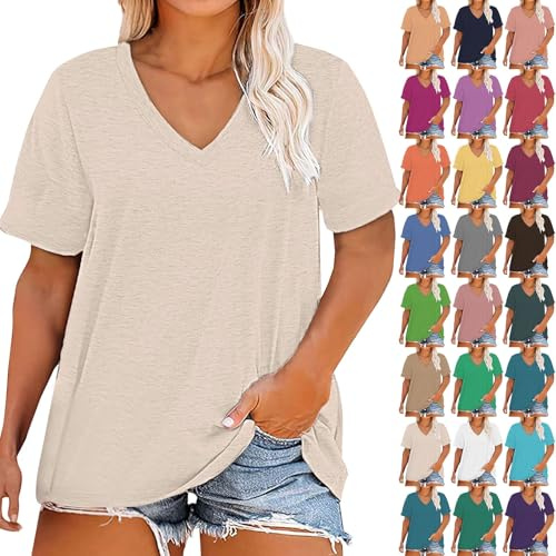 T-shirt surdimensionné pour femme - Col en V - Élégant - Couleur unie - Manches courtes - Tunique ample - Grande taille - Confortable - Léger - Pour adolescentes et filles