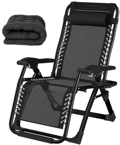 WUOYRON Sonnenliege Liegestuhl Klappbar mit Getränkehalter und Kissen, Verstellbar Gartenliege mit Nackenkissen für Garten, Balkon, Patio und Strand, Relaxliege Belastbar bis 200kg (Schwarz, 72cm)