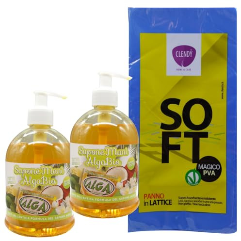 Sapone Mani Ecologico All'Olio di Cocco: Dona Frescheza Lasciando una Gradevole Profumazione e una Sensazione di Morbidezza, 500ml + OMAGGIO 1 Panno in Lattice (2 Flaconi + 1 Panno)
