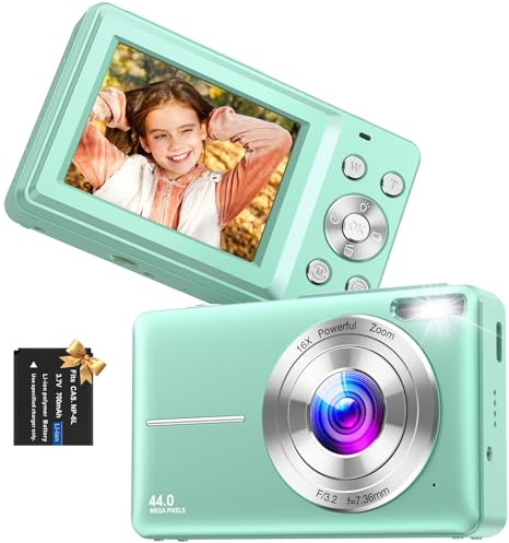 Digital Camera, FHD 1080P 44MP Compact Cameras with 16X Digital Zoom(Green) | Vlogging Camera Rechargeable Portable Mini Cameras with 1 Battery for Teens,Kids,Beginners