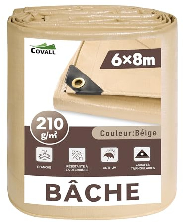 COVALL Telone Impermeabile Esterno 6x8m 210g/m² Beige Telo Anti-UV