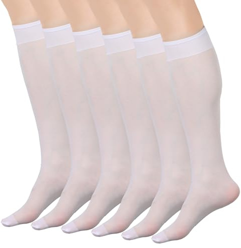 Nogeqi 6 Pairs White Knee High Stockings, Tight Sheer White Knee High Socks Nylons with Reinforced Toes, Elastic Sheer Socks for Women