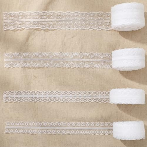 4 Rollen Spitze Stoff Meterware Dekostoff Spitzenstoff Vintage Weiß Spitzenband, Baumwolle Zierband Spitzenban für Hochzeit Deko DIY Nähen 13,7M