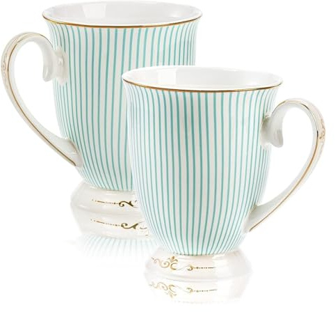 Elegant Bone China Coffee Mugs Set - 2 Pack Vintage Tea Cups with Gold Trim, 300ml Fine China for Valentine's Day, Mother's Day, Birthdays, Anniversaries