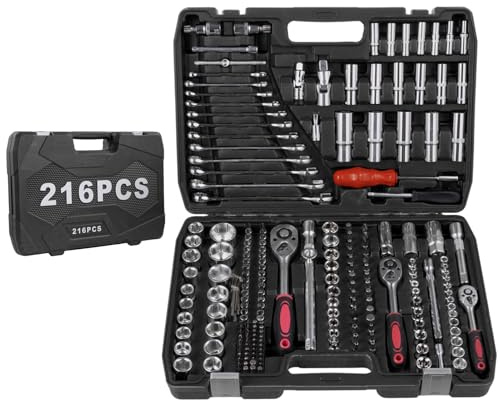 Teodute 216Tlg Steckschlüssel Set, 1/4, 3/8, 1/2 Ratschenschlüssel Set mit Bits, Steckschlüsselsatz aus Chrom Vanadium Stahl mit Verlängerungen, Ratschenset für Heimwerkerarbeiten Auto Haushalt