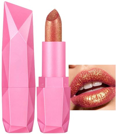 Metallic läppstift rosa, glitter läppstift med diamant gnistor, vattentät och långvarig skimrande läppstift, 3D-glans läppar sminkpenna med krämig och fuktbevarande formel, intensiv färg