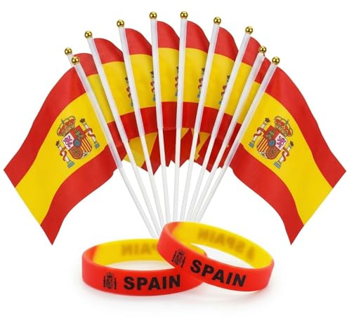 Pack 10 Banderas de España de Mano 14x21cm y 2 Pulseras de Silicona, Banderas Españolas Pequeñas de Poliéster para Animación Deportiva y Eventos Nacionales, Accesorios de Celebración y Patriotismo