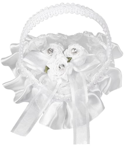 BESTOYARD Herzförmiges Ringkissen aus Spitze und Satin Eleganter Ringhalter für Hochzeit mit Praktischem Henkel Weißes Kleiner Kissen zum Sicheren Tragen und Schützen der Ringe