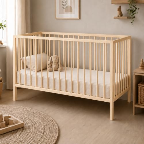 Kids Collective Babybett Kinderbett Beistellbett | Modulares Gitterbett Lattenrost 3-Fach höhenverstellbar & abnehmbare Sprossen | Baby Bett Holz Kinderzimmer | 120x60 cm | Natur