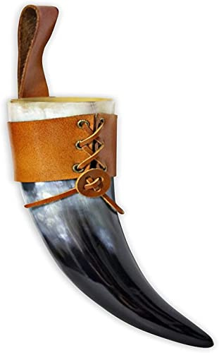 AnNafi® Viking Drinking Cup | Real Horn Mug With Brown Genuine Leather Clip Button Hanger/Holster Beer Mug| Medieval Horn Ale Wine Glass Game Of Thrones Drinking & Display Decorative Ale Party