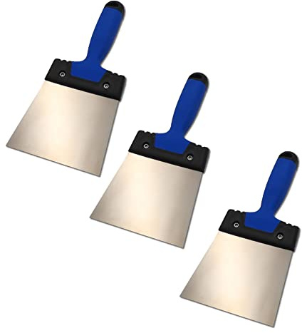 DEWEPRO Fugenspachtel Set 3-teilig – 120 mm Breitspachtel aus rostfreiem Edelstahl – Malerspachtel mit ergonomischem 2-Komponenten-Griff – Profi Flächenspachtel für Renovierung & Trockenbau