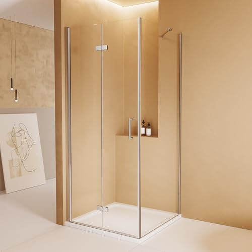 EMKE Duschkabine 80 x 80 x 195cm Eckeinstieg Falttür Dusche 180º Klappbar Duschwand Duschabtrennung mit Seitenwand 80cm 6mm ESG Sicherheitsglas mit Nano Beschichtung