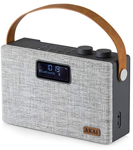 Akai A61029 Beautifully designed Portable FM/DAB Radio with Bluetooth, Rechargeable battery with 8 hours playback, Large LCD Display, leather strap for easy portability, 5 W Speaker, Grey Fabric