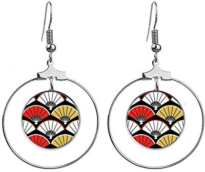 Folding Fan Red Black Golden Earrings Dangle Hoop Jewelry Drop Circle