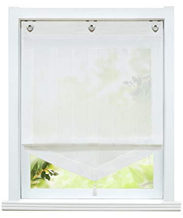ESLIR Raffrollo ohne Bohren Gardinen Küche Landhaus Raffgardinen mit Ösen Transparent Ösenrollo Vorhang Leinen Weiß BxH 120x140cm 1 Stück