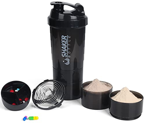 VECH Protein Shaker Bottle,GYM Shaker Cup for Protein Shakes, 16oz Shake Bottle with Ball and Storage Compartment,Leak-Proof,BPA Free (Black)