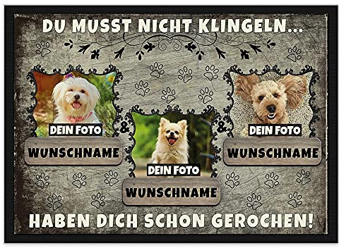 PR Print Royal Personalisierte Fußmatte Bedrucken mit Wunschfoto und Hundename - individualisierbar - selbst gestalten - als Geschenkidee - rutschfest - DREI Hunde 75 x 50 cm