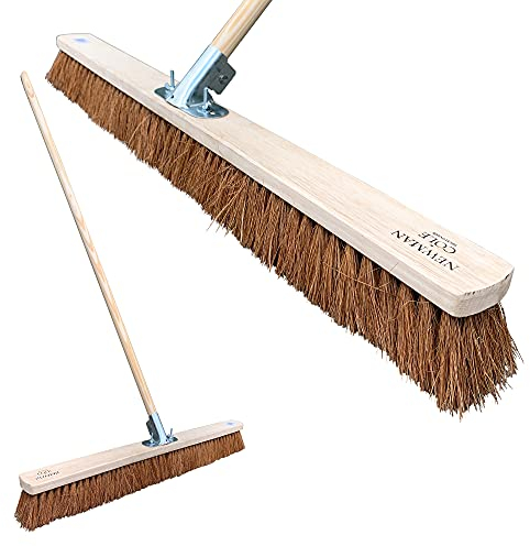 Newman and Cole 36” Wide Broom Indoor or Outdoor, Extra-Large Heavy Duty Broom Sweeping Brush for Warehouse Floors and Large Flat Surfaces (36” Natural Coco Soft Bristle Broom Complete with Handle)…