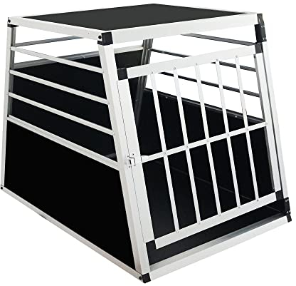Thanaddo Alu Hunde Autotransportbox – Auto Hundebox robust & pflegeleicht – Gittertür verschließbar - Aluminium Kofferraumbox Reisebox für Hunde Katzen (65x91x69cm 76 Grad)