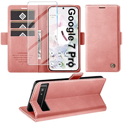 Giyer Handyhülle für Google Pixel 7 Pro Mit Schutzfolie, Standfunktion, Kartenfach - Premium Leder Schutzhülle, Flip Case Cover Klapphülle (Rosa)