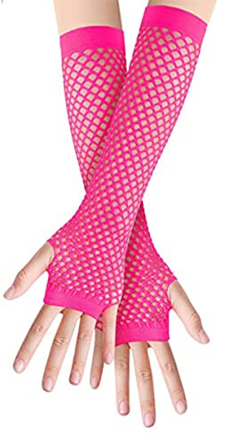 SamHeng Lange Netzhandschuhe, Pink fingerlose Armstulpen, Mesh-Kostüm Handschuhe, Kostüm-Punk-Accessoire für Frauen, Mädchen, Kinder, 80er-Jahre-Kostüm, Abendparty-Zubehör