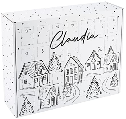 Herz & Heim® DIY Adventskalender zum selbst befüllen, mit Wunschname bedruckt/Motiv: verschneites Dorf im Lineart Style