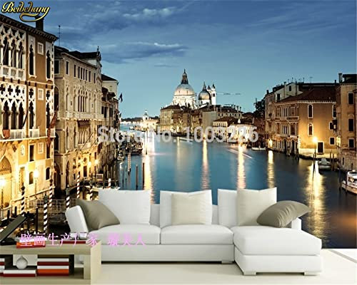 Carta da parati di sfondo della TV in rilievo di arenaria di loto senza cuciture di notte di Venezia Carta da parati personalizzata murales * 250 cm x 175 cm (98,4 x 68,9 pollici)