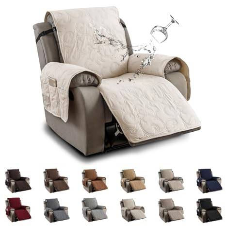 100% Waterproof Recliner Chair Cover, Recliner Chair Covers for Reclining Chair, Non-Slip Fabric Recliner Couch Cover for Living Room, for Pets Kids Protector, Washable (Beige, 23.6Recliner Chair)