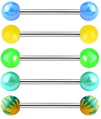 Jewseen 5PCS Nipple Barbell 316L Edelstahl Zungenpiercing Ringe 14G Körper Piercing Schmuck für Damen und Herren