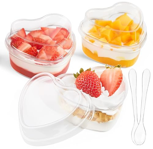 Qeirudu 50 Pack 5 oz Heart Shaped Dessert Cups with Lids and Spoons, 50 Pack Mini Dessert Shooter Cups Cute Plastic Parfait Cups for Party Wedding Serving Cheesecake Mousse Pudding, Q097 | Clear Plastic Parfait Cups, Small Dessert Shooter Cups for Parfait, Cheesecake, Mousse, Pudding