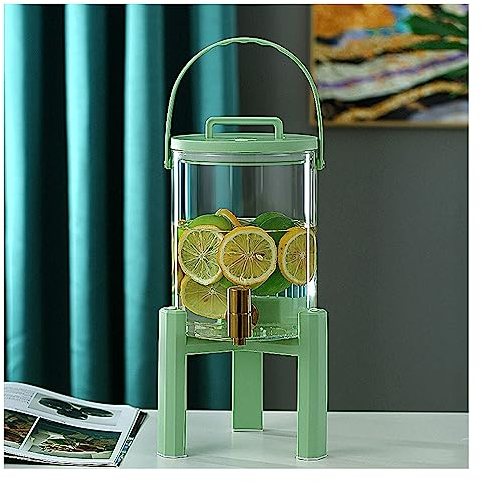 WYJRO Dispensador De Bebidas De Cristal,Dispensador De Bebidas De Vidrio con Grifo Y Estante De Plástico para Bebida Caliente O Fría- Garrafa De Agua,Verde,Golden Faucet+Base
