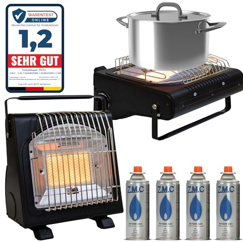 Z.M.C Chauffage et réchaud à gaz portables 2-en-1 + 4 cartouches de gaz 227g, chauffage de camping en céramique 1,7 kW, chauffage à gaz pour l'extérieur et la terrasse, jardin & balcon, radiateur