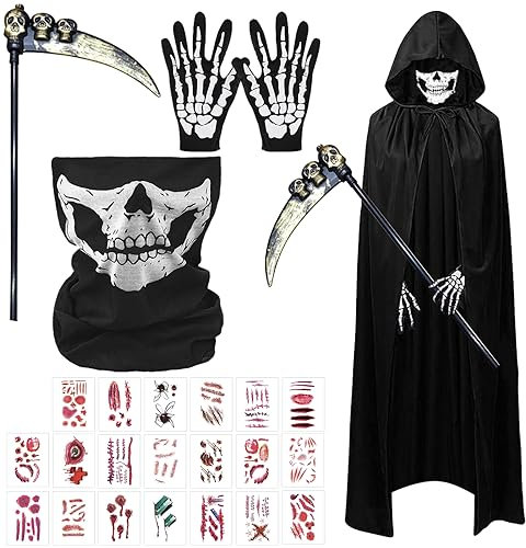 GAROMIA Costume Faucheur Adultes Enfant 170cm Déguisement Faucheuse Enfant avec Faucille Faucheur Visage Crâne Gants Crâne Costumes Faucheuse d'Halloween pour Adultes Enfants Halloween Carnaval