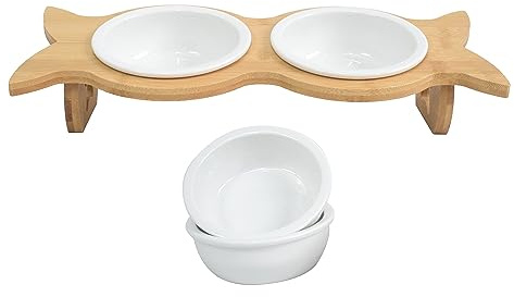 NEUSTEIN Napf für Katzen & kleine Hunde | 250ml | Futternapf | Keramik | mit 2+2 Näpfen | 4 Näpfe | Katzen Napfset | Holz Bambus
